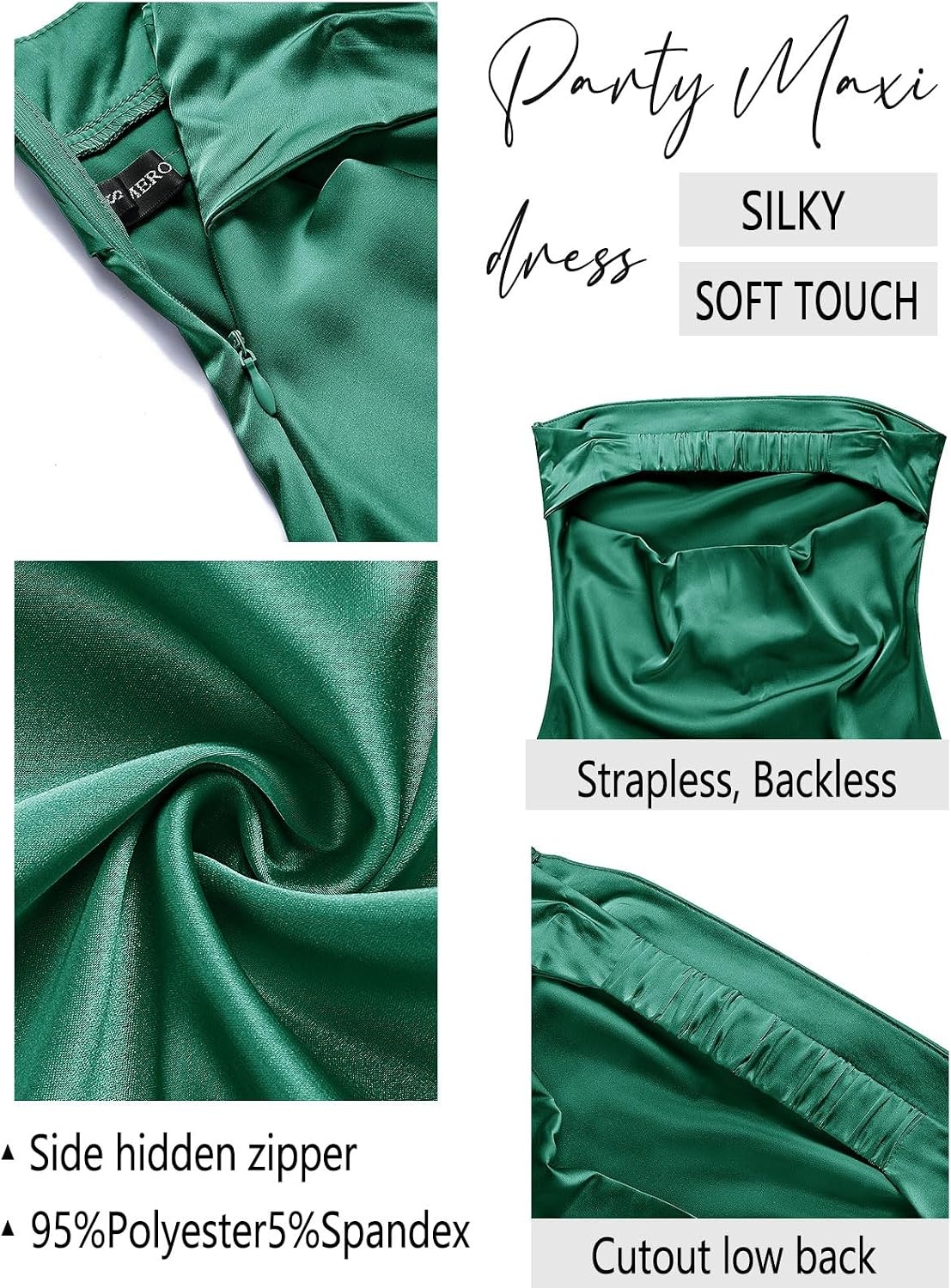 image:imageMEROKEETY Womens Satin Strapless Bodycon Wedding Guest Maxi DressDark Green