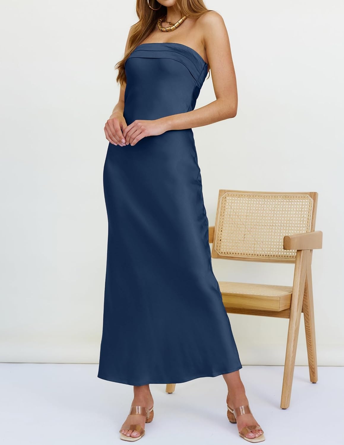 image:imageMEROKEETY Womens Satin Strapless Bodycon Wedding Guest Maxi DressDarkblue
