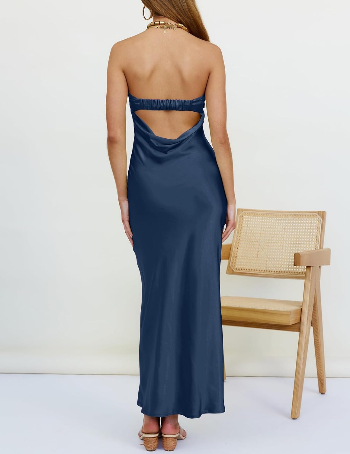 image:imageMEROKEETY Womens Satin Strapless Bodycon Wedding Guest Maxi DressDarkblue