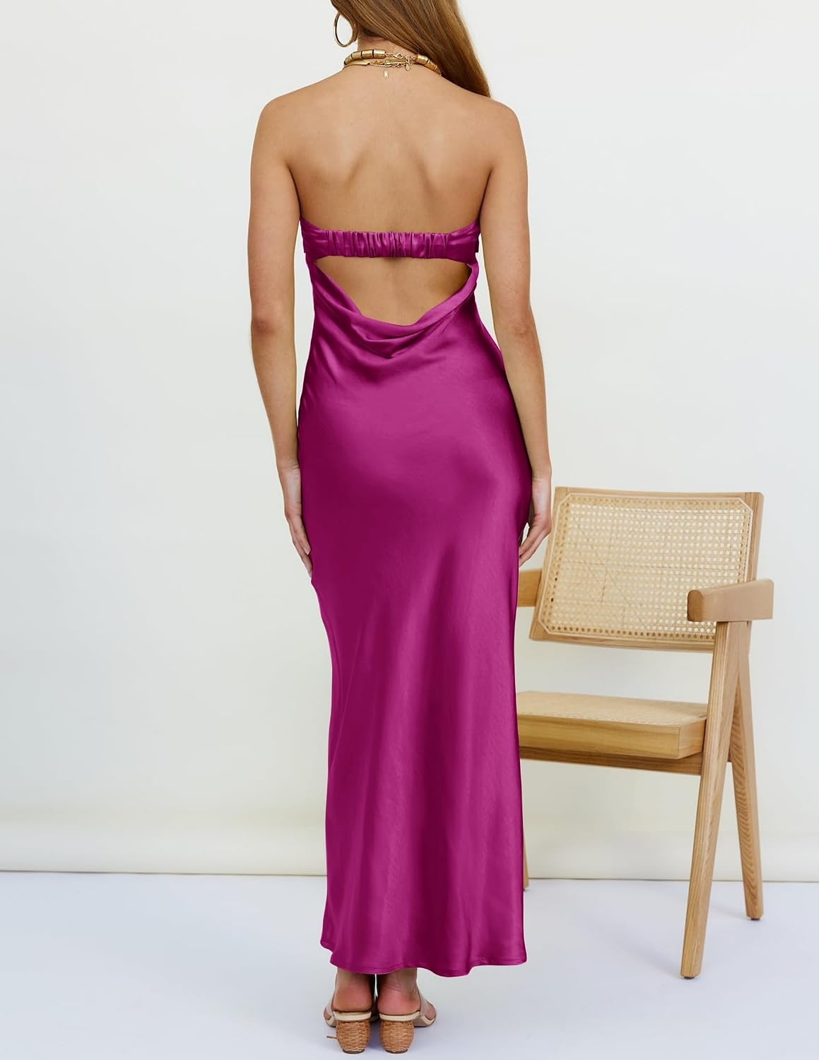 image:imageMEROKEETY Womens Satin Strapless Bodycon Wedding Guest Maxi DressEggplant