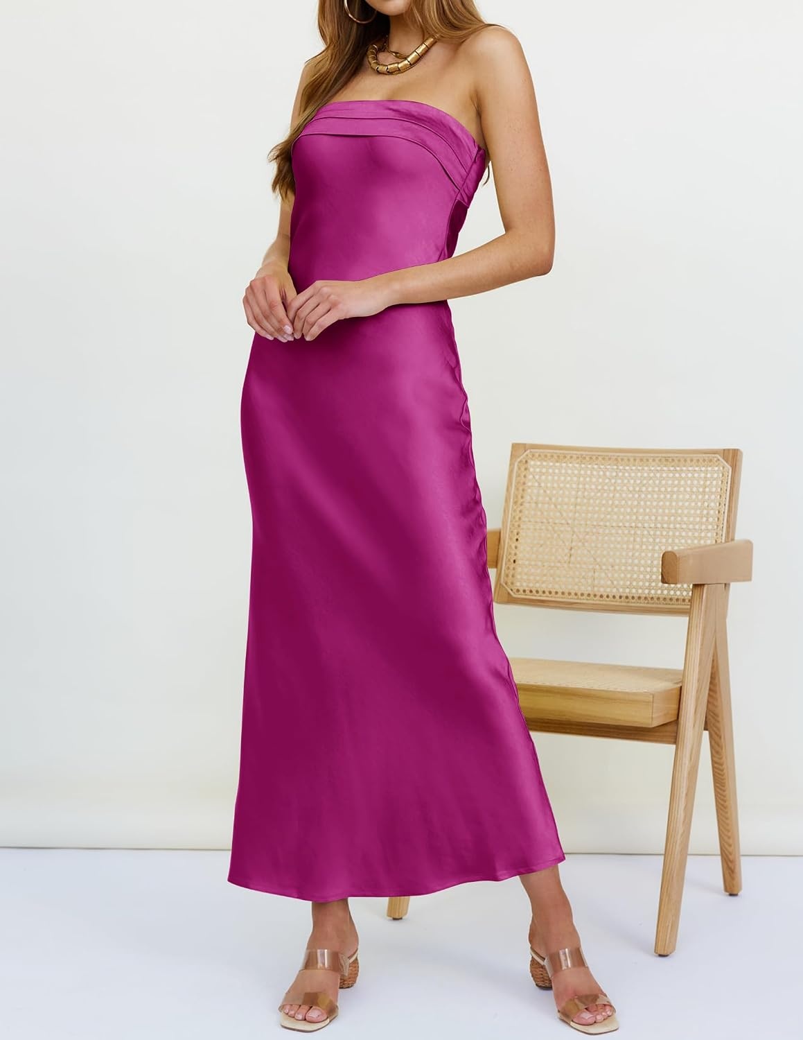 image:imageMEROKEETY Womens Satin Strapless Bodycon Wedding Guest Maxi DressEggplant