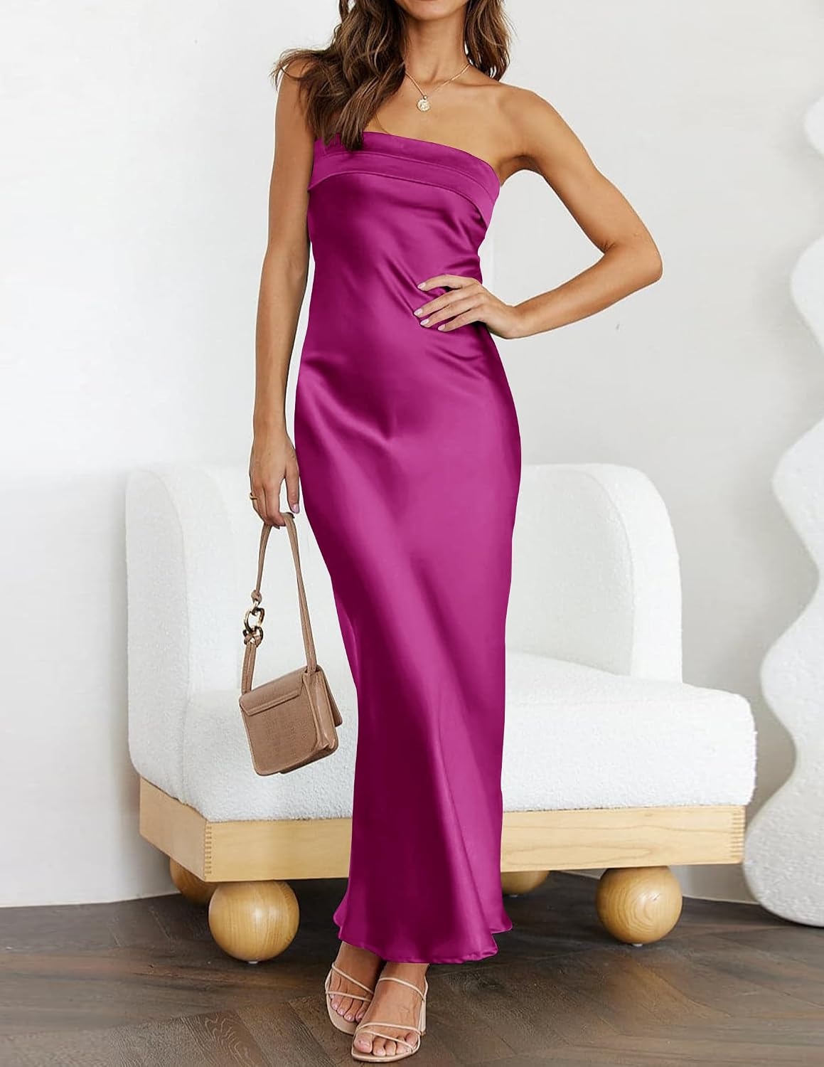 image:imageMEROKEETY Womens Satin Strapless Bodycon Wedding Guest Maxi DressEggplant