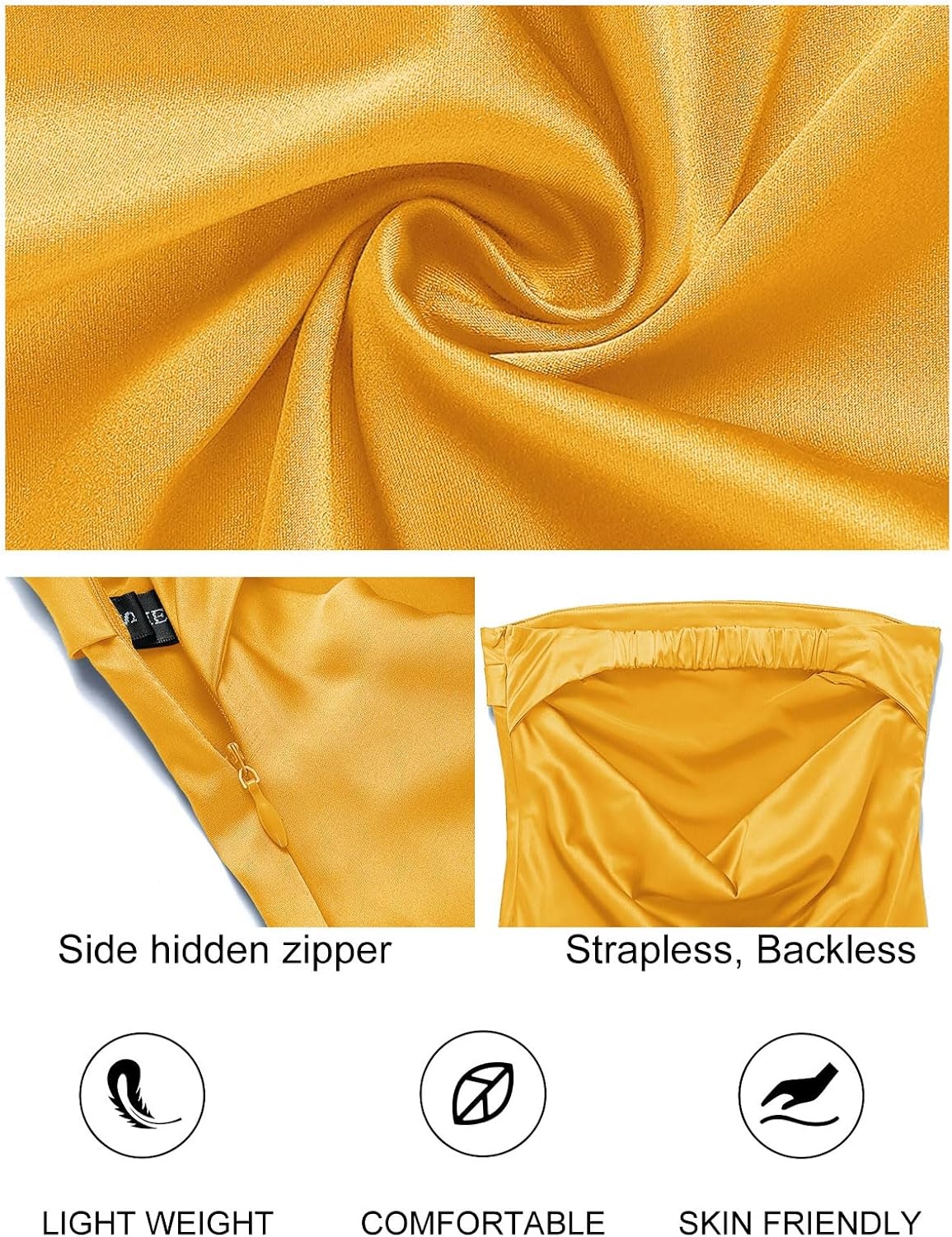 image:imageMEROKEETY Womens Satin Strapless Bodycon Wedding Guest Maxi DressGold