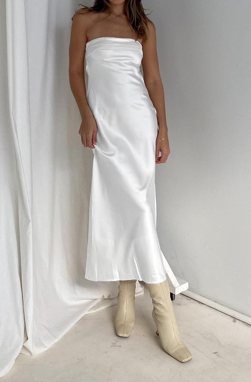 image:imageMEROKEETY Womens Satin Strapless Bodycon Wedding Guest Maxi DressIvory