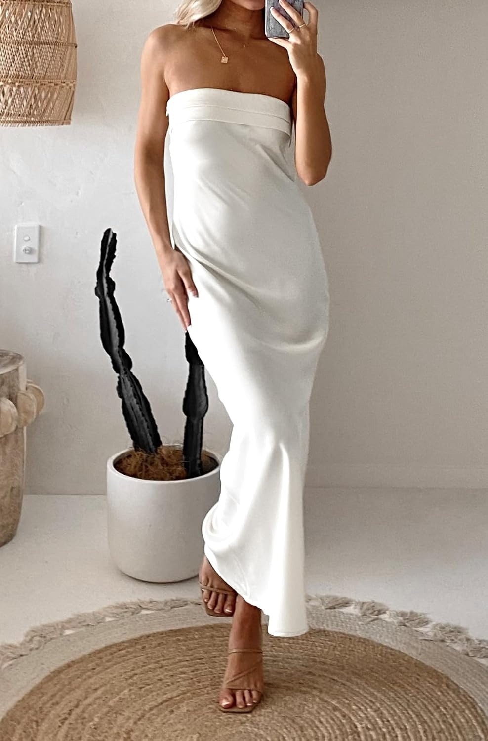 image:imageMEROKEETY Womens Satin Strapless Bodycon Wedding Guest Maxi DressIvory