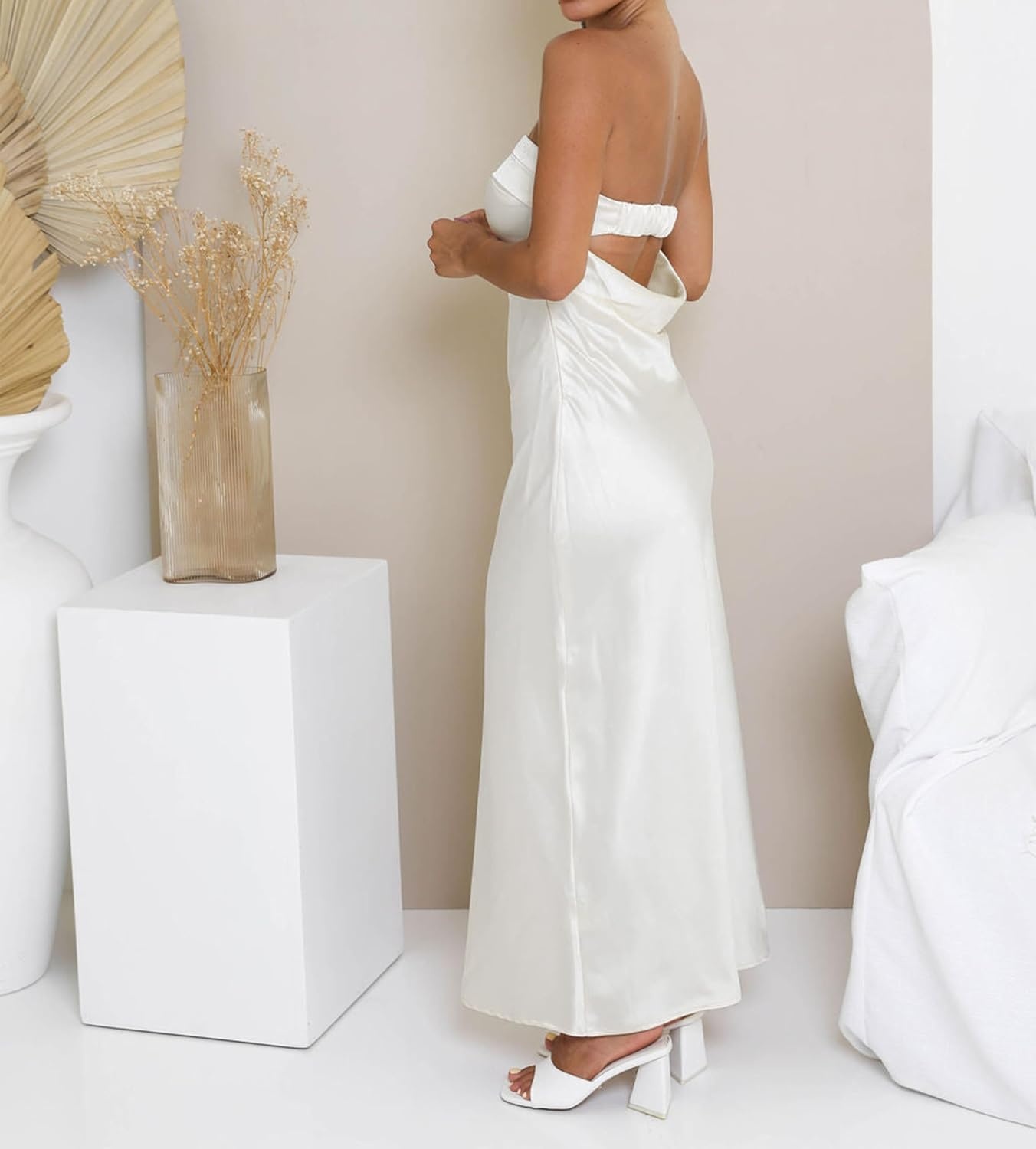 image:imageMEROKEETY Womens Satin Strapless Bodycon Wedding Guest Maxi DressIvory