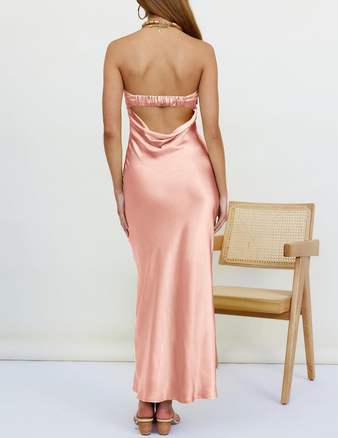 image:imageMEROKEETY Womens Satin Strapless Bodycon Wedding Guest Maxi DressLight Pink