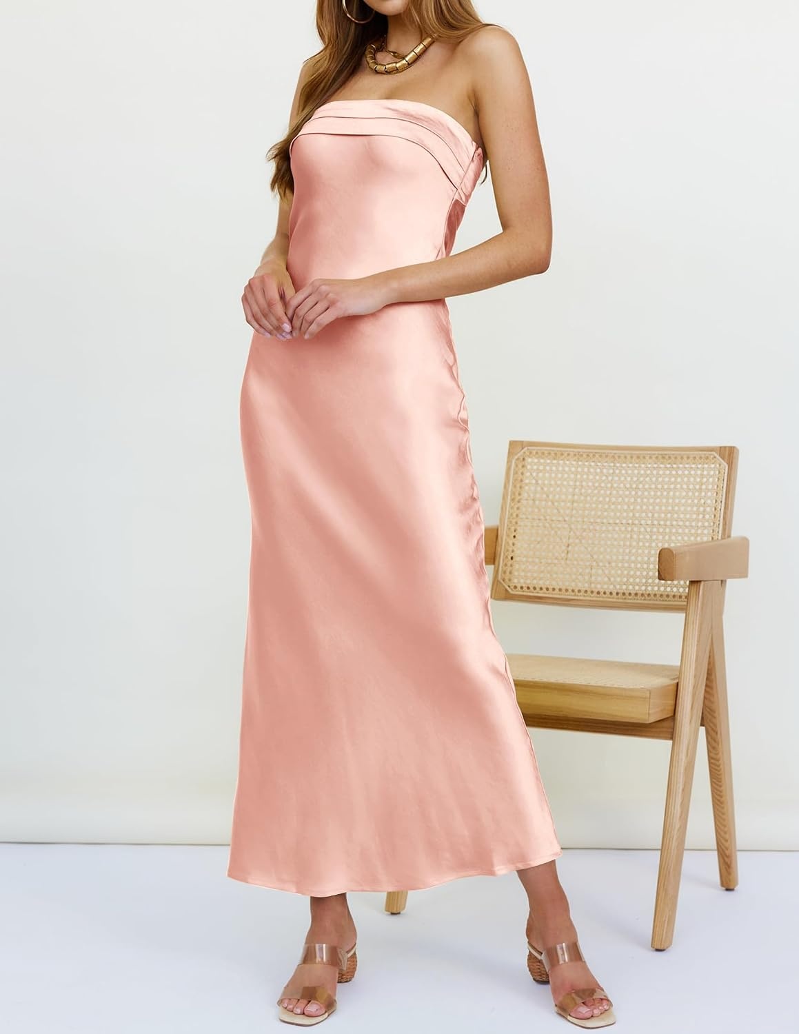 image:imageMEROKEETY Womens Satin Strapless Bodycon Wedding Guest Maxi DressLight Pink