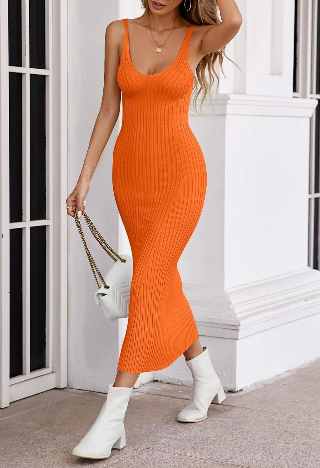 image:imageMEROKEETY Womens Summer Bodycon Deep V Neck Sleeveless Knit Midi Dress 2026Orange