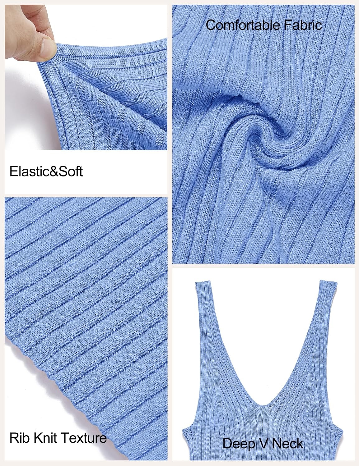 image:imageMEROKEETY Womens Summer Bodycon Deep V Neck Sleeveless Knit Midi Dress 2026Skyblue