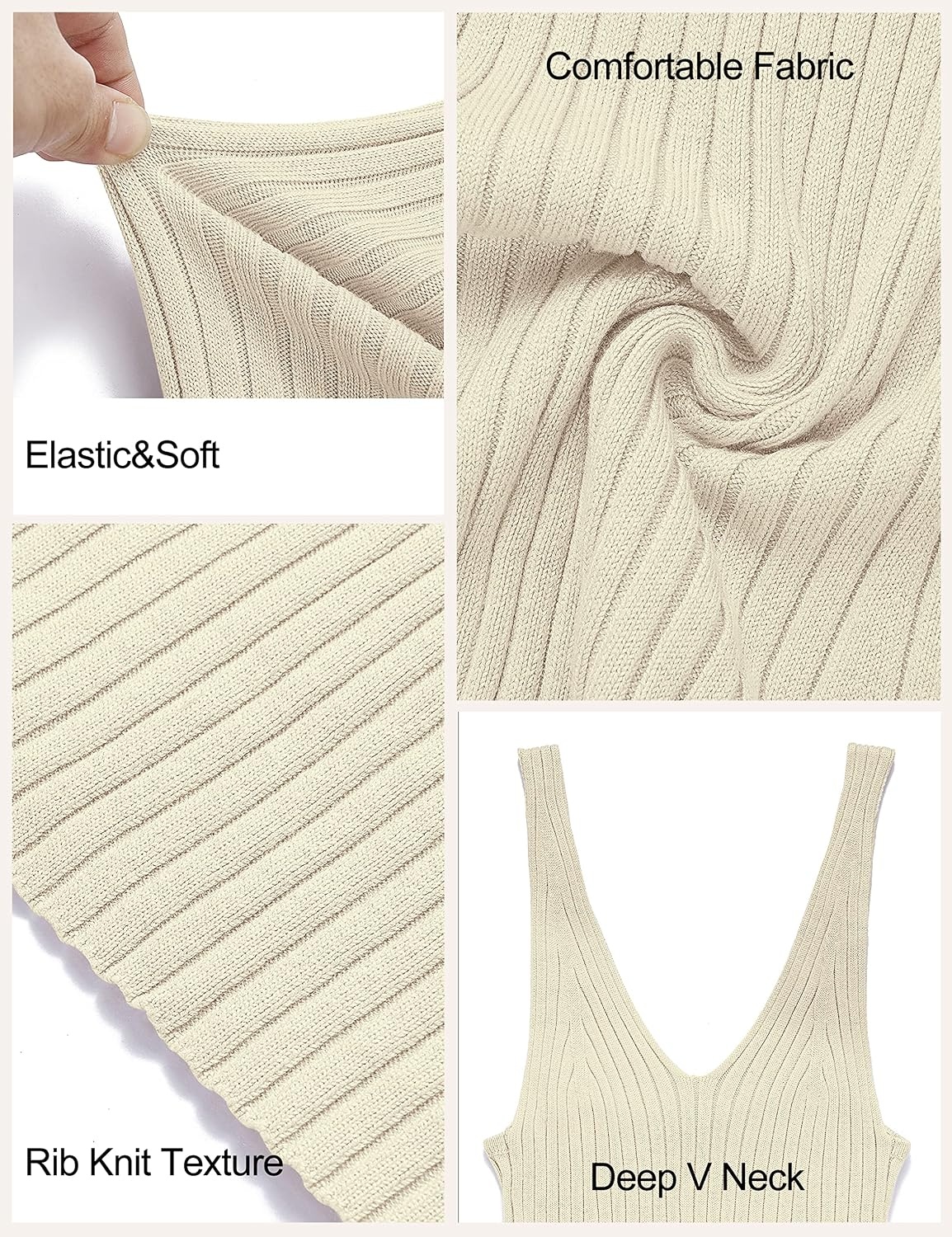 image:imageMEROKEETY Womens Summer Bodycon Deep V Neck Sleeveless Knit Midi Dress 2026Vanilla