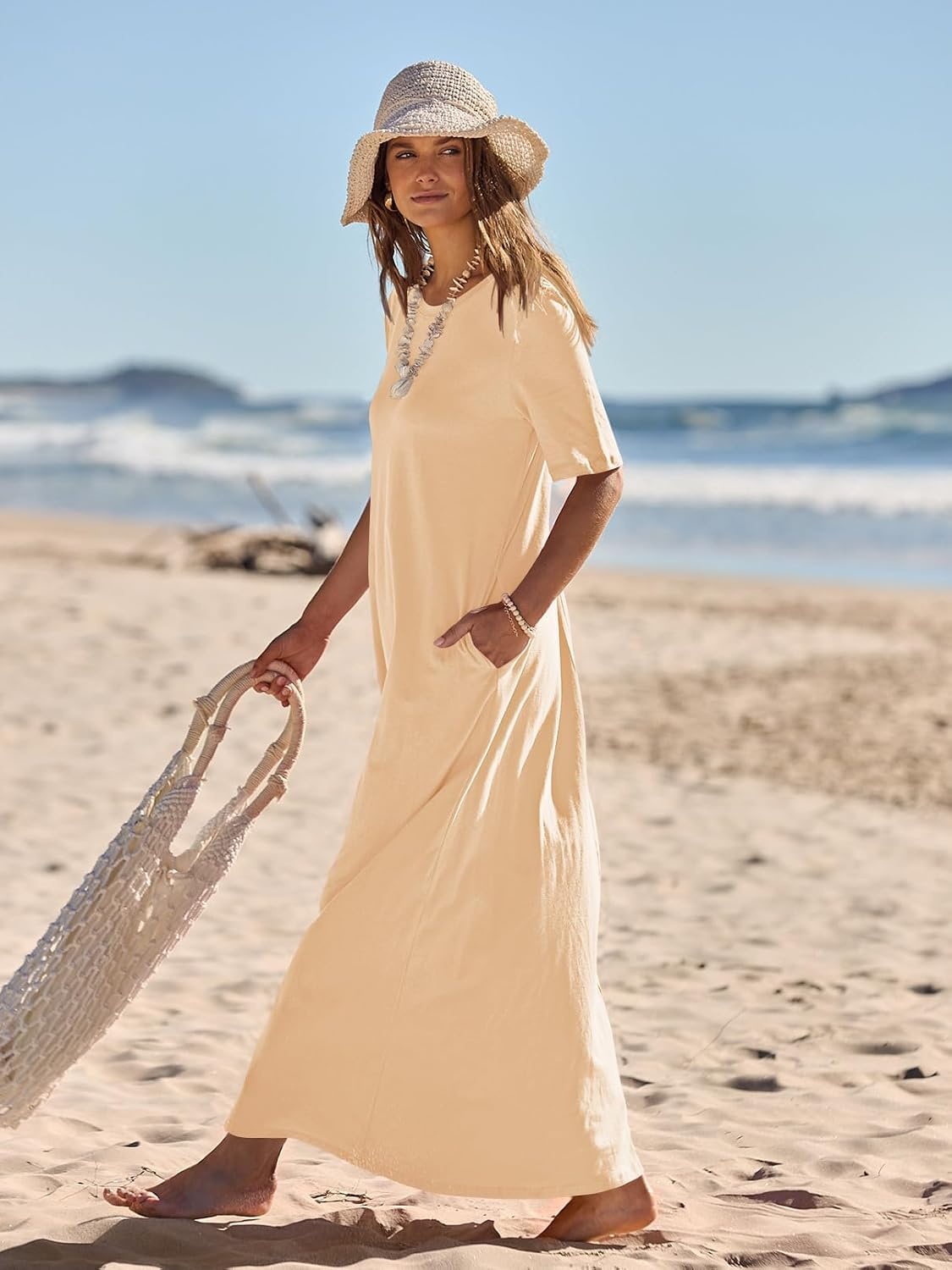 image:imageMEROKEETY Womens Summer Casual Short Sleeve Maxi Long Tshirt Dress 2026Apricot