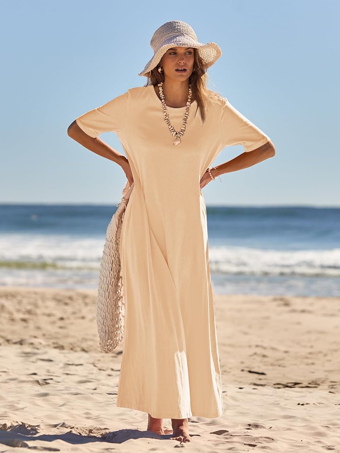 image:imageMEROKEETY Womens Summer Casual Short Sleeve Maxi Long Tshirt Dress 2026Apricot