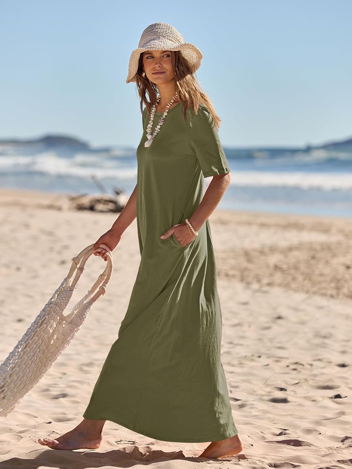image:imageMEROKEETY Womens Summer Casual Short Sleeve Maxi Long Tshirt Dress 2026Armygreen