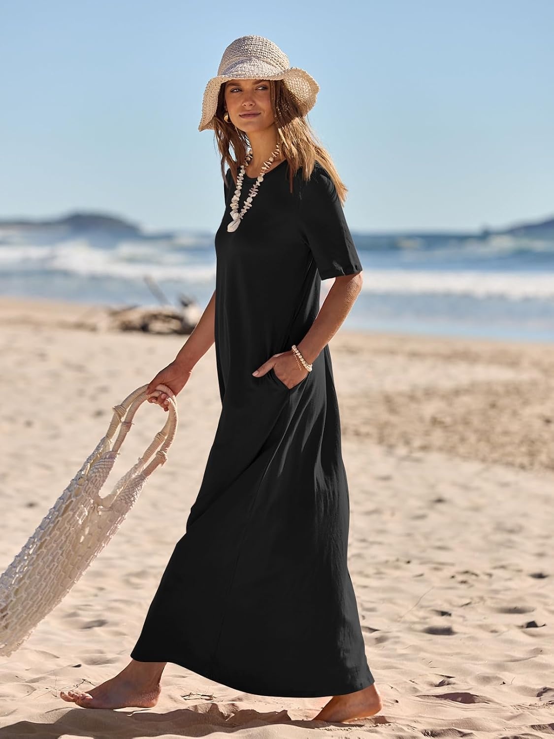 image:imageMEROKEETY Womens Summer Casual Short Sleeve Maxi Long Tshirt Dress 2026Black