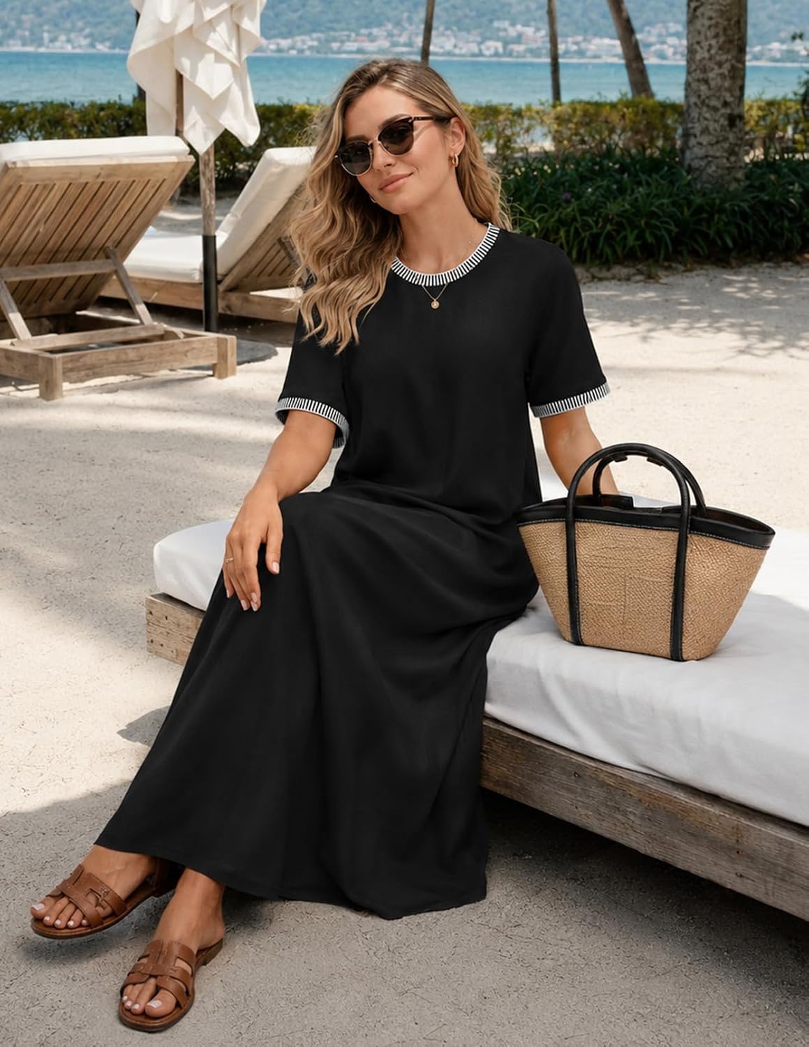 image:imageMEROKEETY Womens Summer Casual Short Sleeve Maxi Long Tshirt Dress 2026Blackcombo