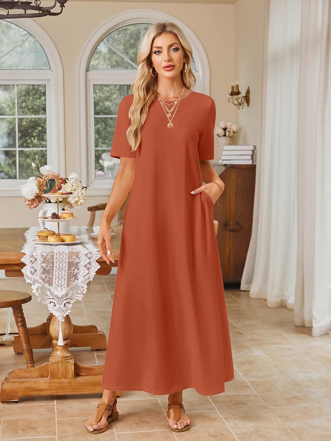 image:imageMEROKEETY Womens Summer Casual Short Sleeve Maxi Long Tshirt Dress 2026Caramel