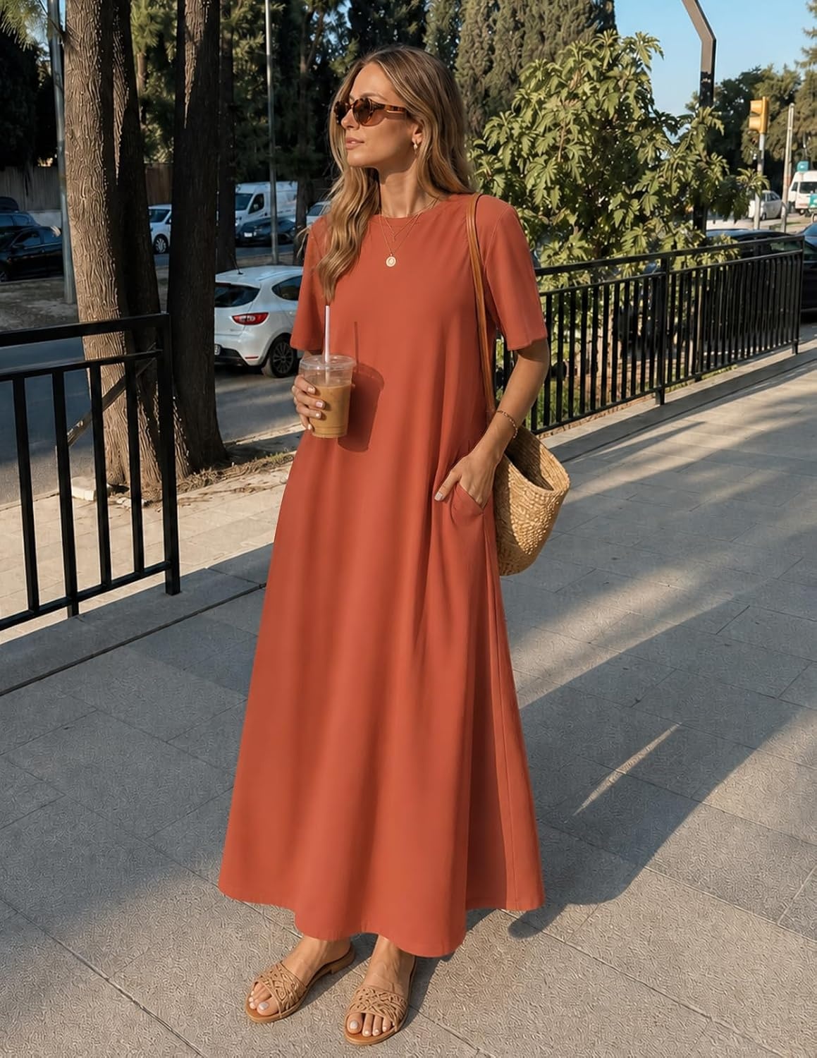image:imageMEROKEETY Womens Summer Casual Short Sleeve Maxi Long Tshirt Dress 2026Caramel