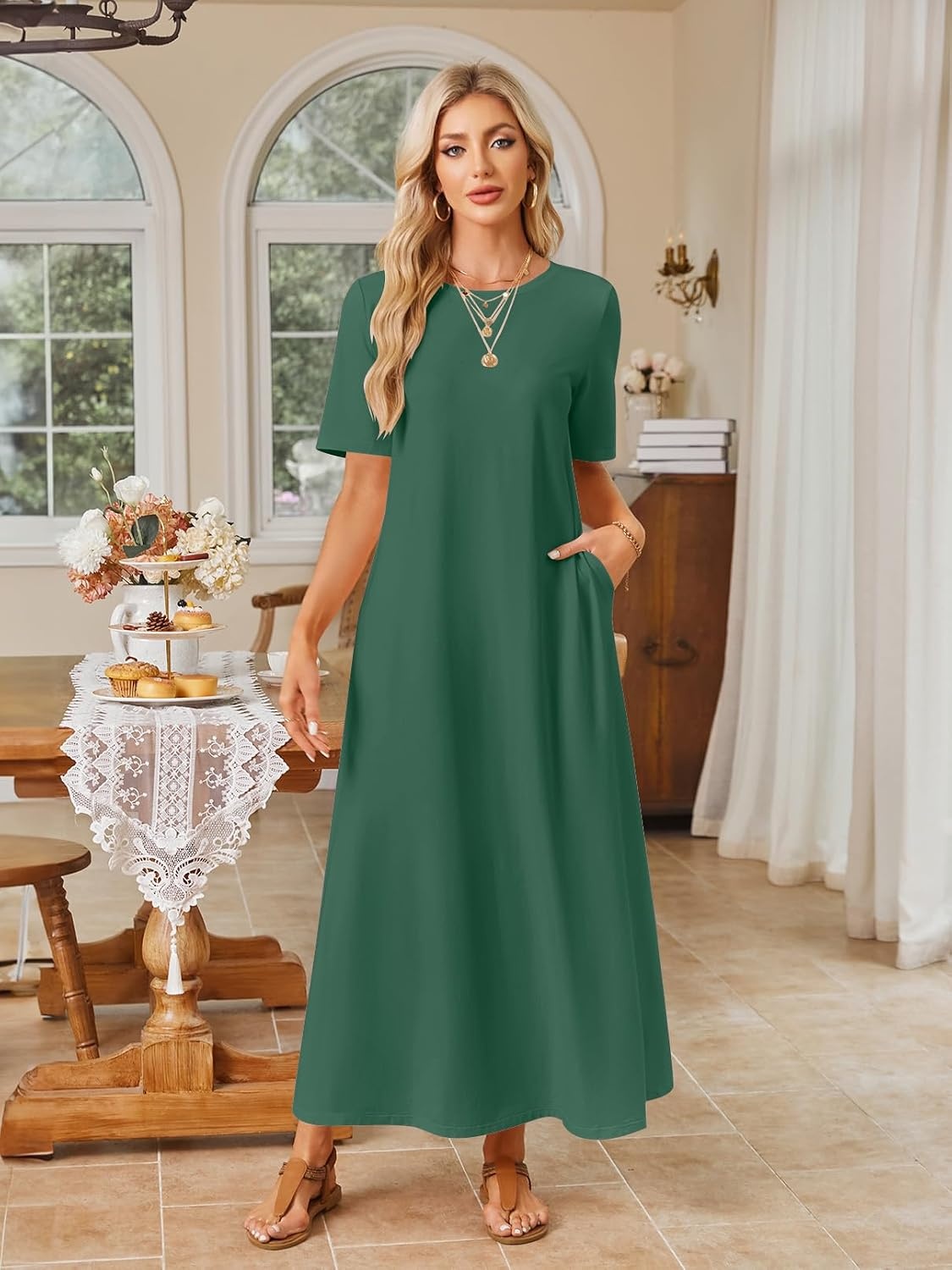 image:imageMEROKEETY Womens Summer Casual Short Sleeve Maxi Long Tshirt Dress 2026Darkgreen
