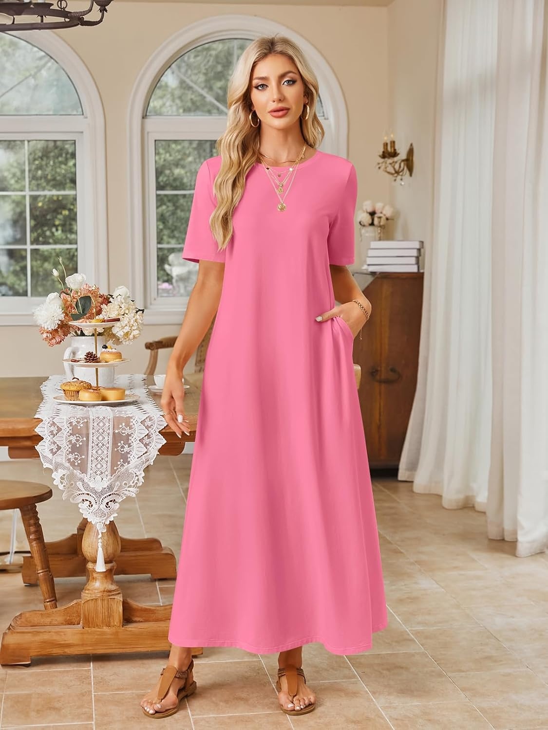 image:imageMEROKEETY Womens Summer Casual Short Sleeve Maxi Long Tshirt Dress 2026Dustypink