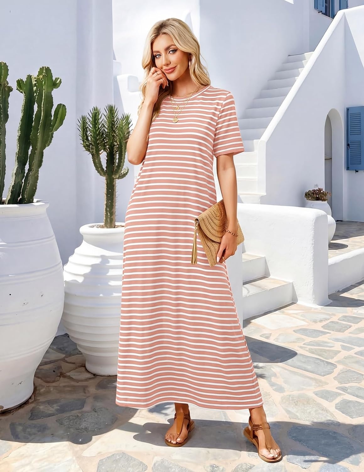 image:imageMEROKEETY Womens Summer Casual Short Sleeve Maxi Long Tshirt Dress 2026Pinkwhite