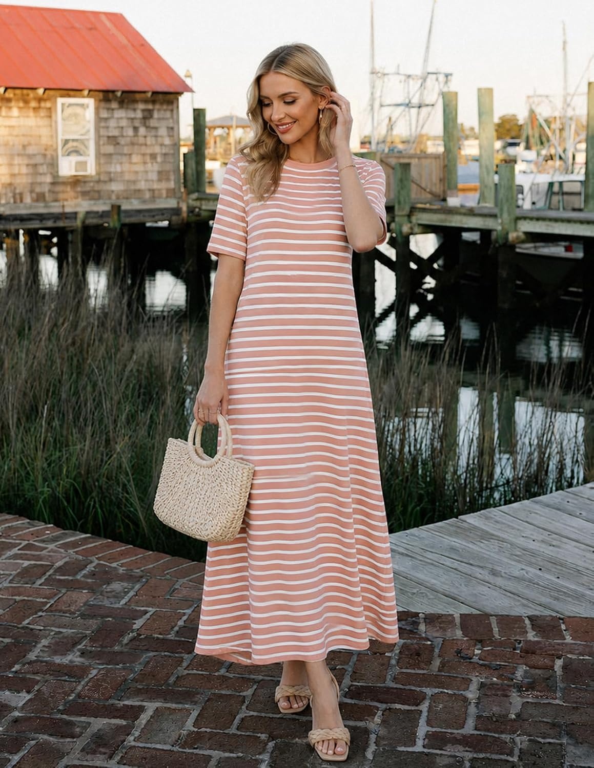 image:imageMEROKEETY Womens Summer Casual Short Sleeve Maxi Long Tshirt Dress 2026Pinkwhite