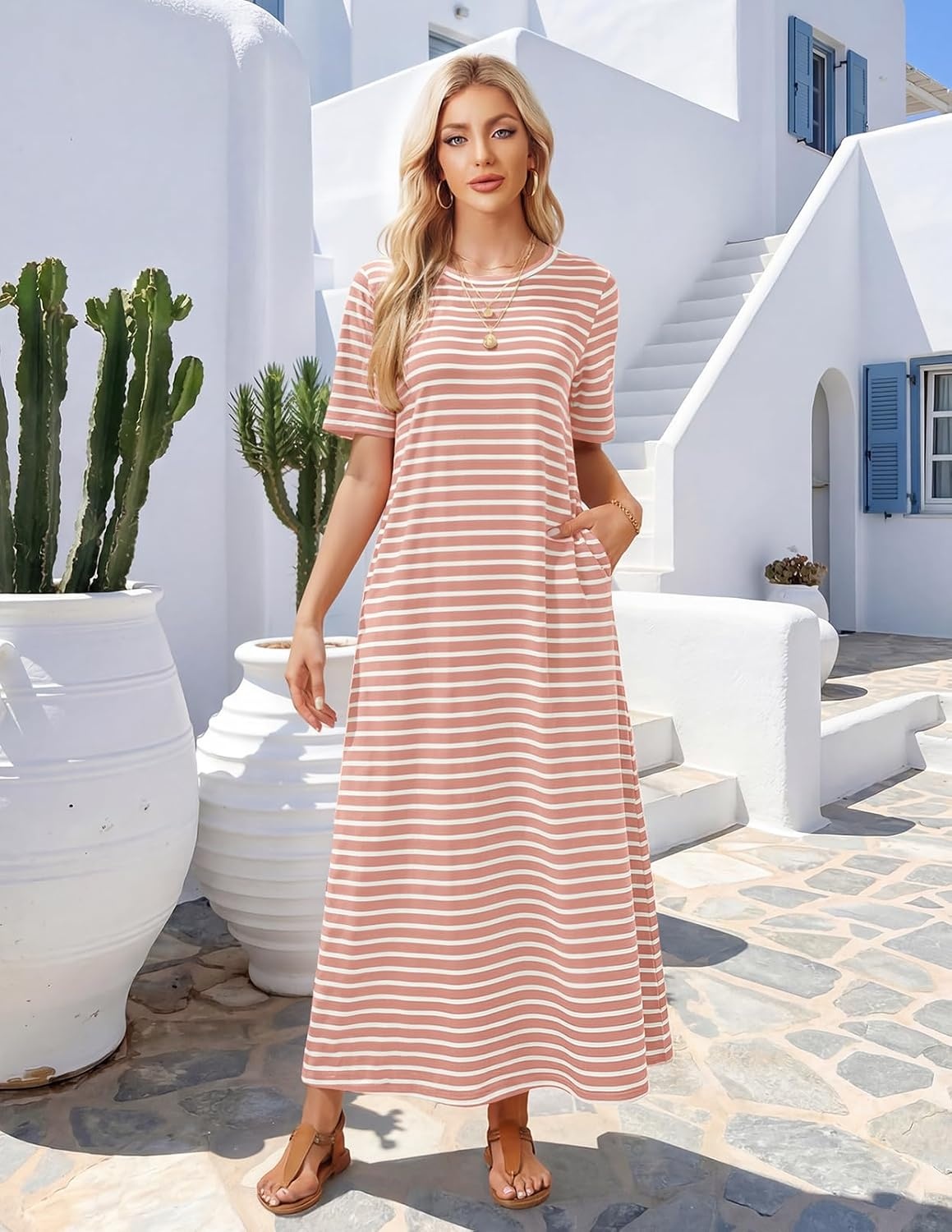 image:imageMEROKEETY Womens Summer Casual Short Sleeve Maxi Long Tshirt Dress 2026Pinkwhite