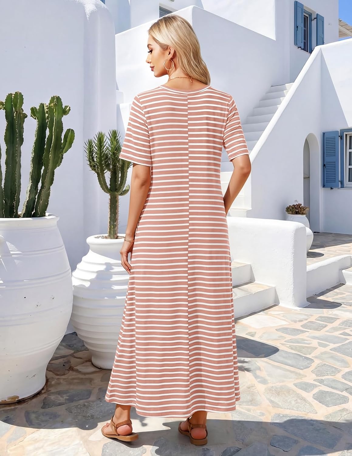 image:imageMEROKEETY Womens Summer Casual Short Sleeve Maxi Long Tshirt Dress 2026Pinkwhite