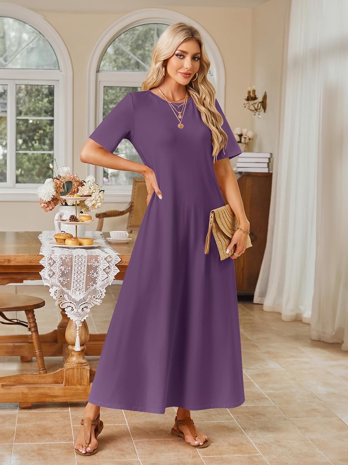 image:imageMEROKEETY Womens Summer Casual Short Sleeve Maxi Long Tshirt Dress 2026Purple
