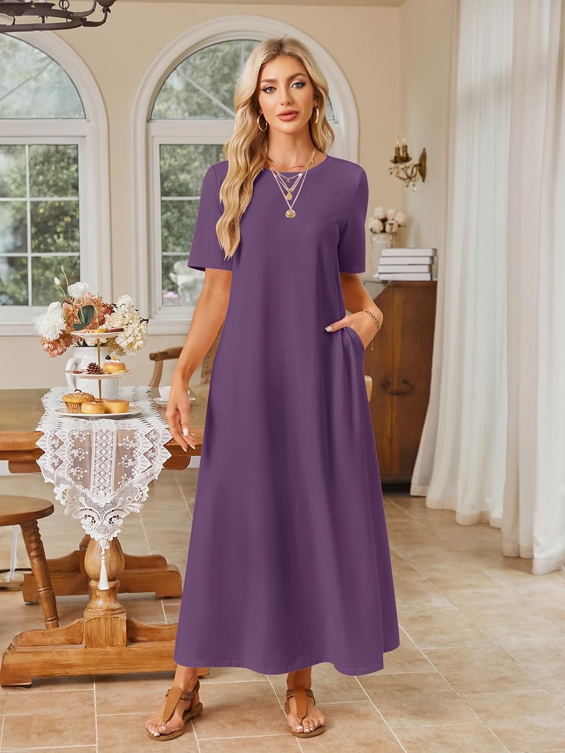 image:imageMEROKEETY Womens Summer Casual Short Sleeve Maxi Long Tshirt Dress 2026Purple