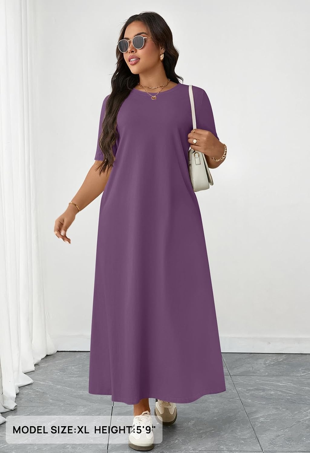 image:imageMEROKEETY Womens Summer Casual Short Sleeve Maxi Long Tshirt Dress 2026Purple