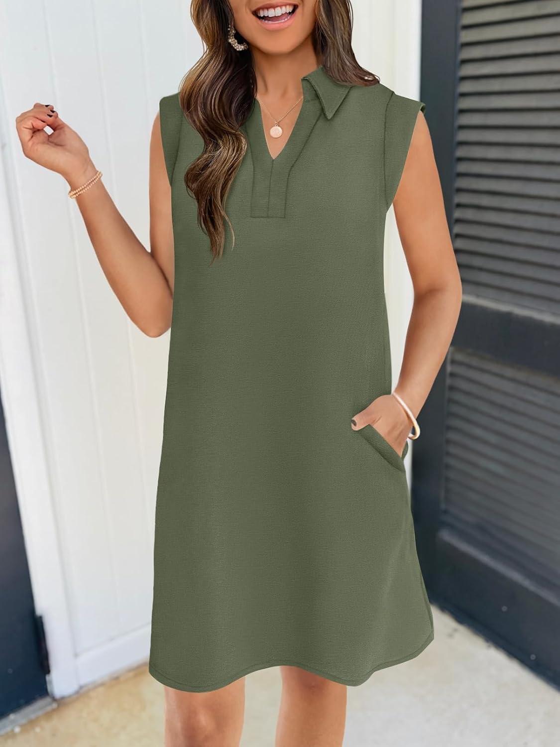 image:imageMEROKEETY Womens Summer Casual V Neck Collared Loose T Shirt Mini DressArmy Green
