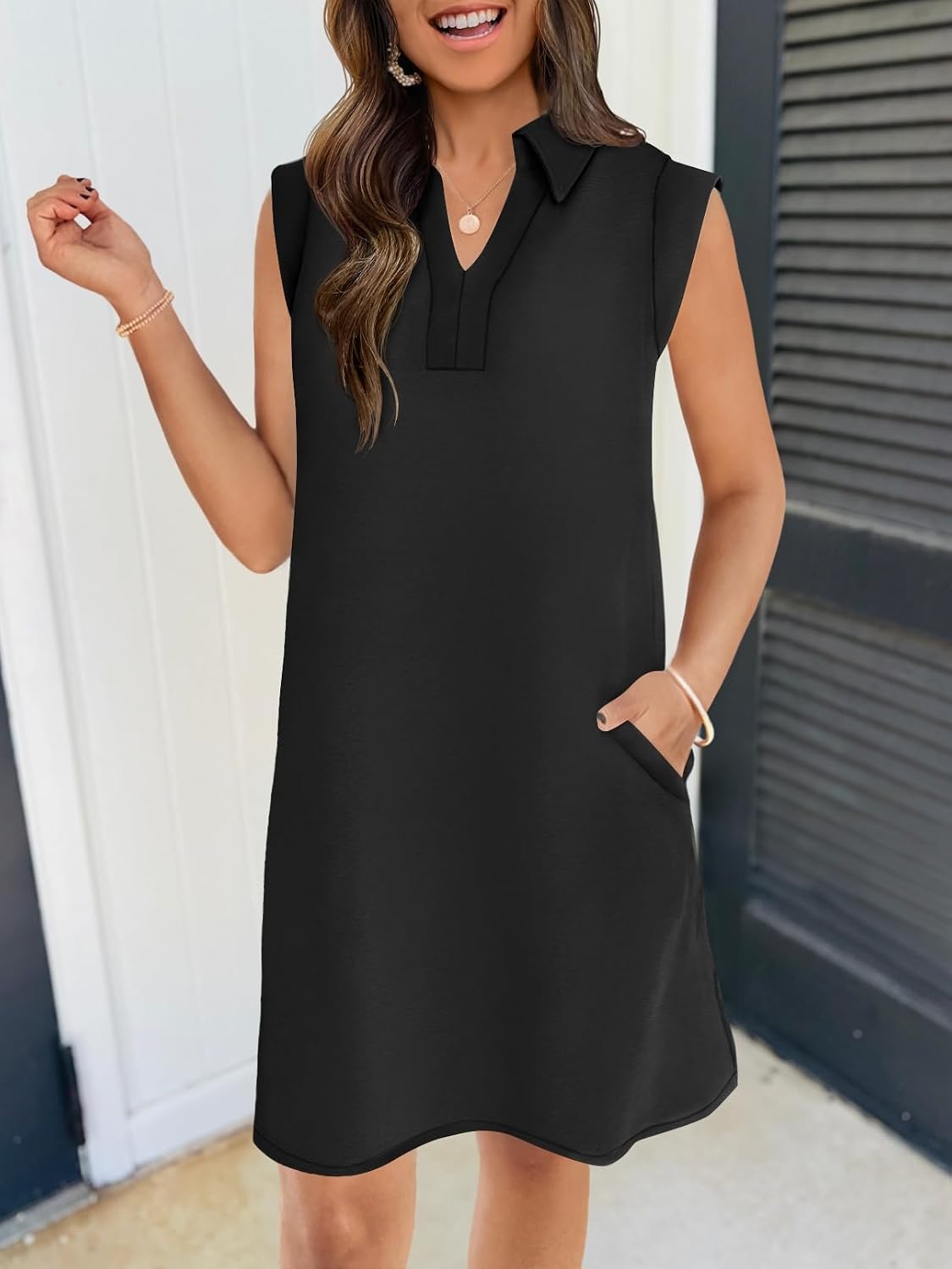 image:imageMEROKEETY Womens Summer Casual V Neck Collared Loose T Shirt Mini DressBlack