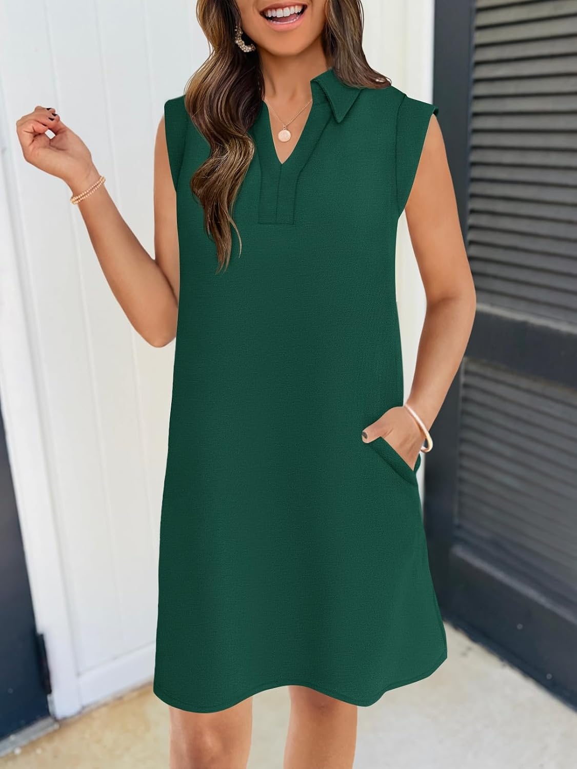 image:imageMEROKEETY Womens Summer Casual V Neck Collared Loose T Shirt Mini DressDark Green