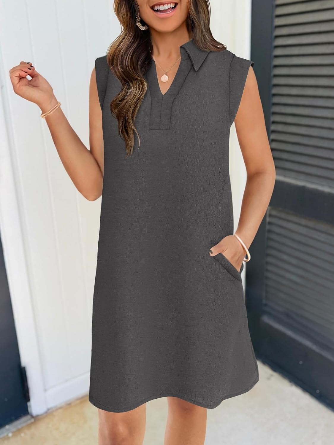 image:imageMEROKEETY Womens Summer Casual V Neck Collared Loose T Shirt Mini DressGray