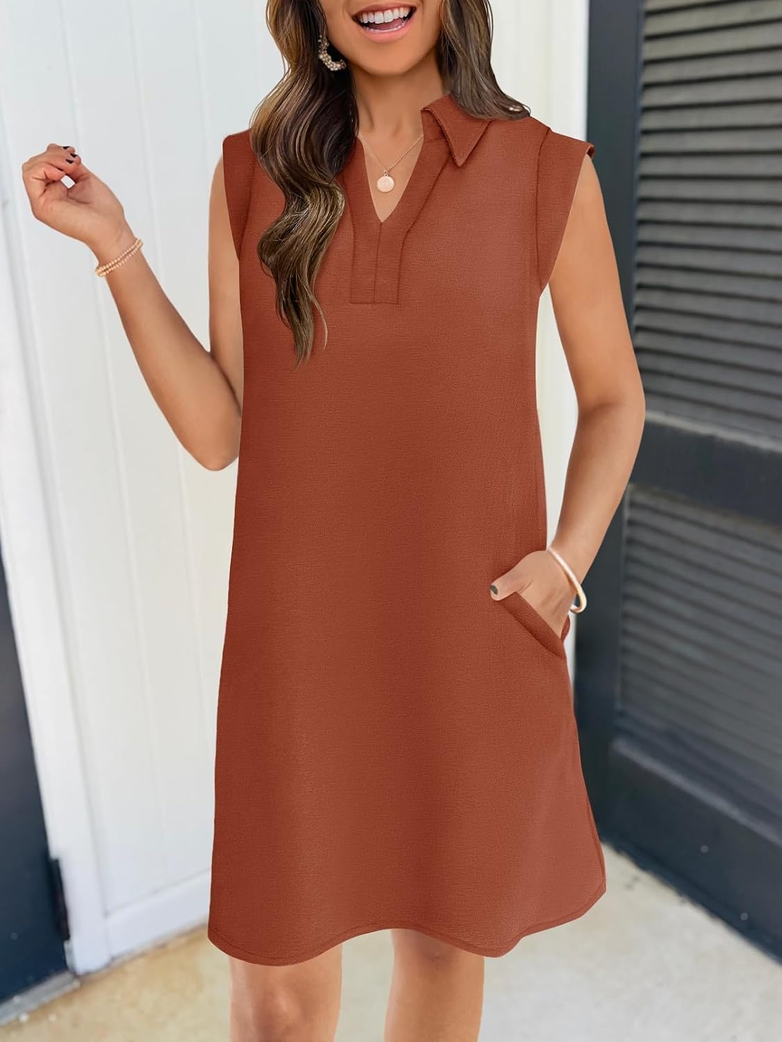 image:imageMEROKEETY Womens Summer Casual V Neck Collared Loose T Shirt Mini DressRust