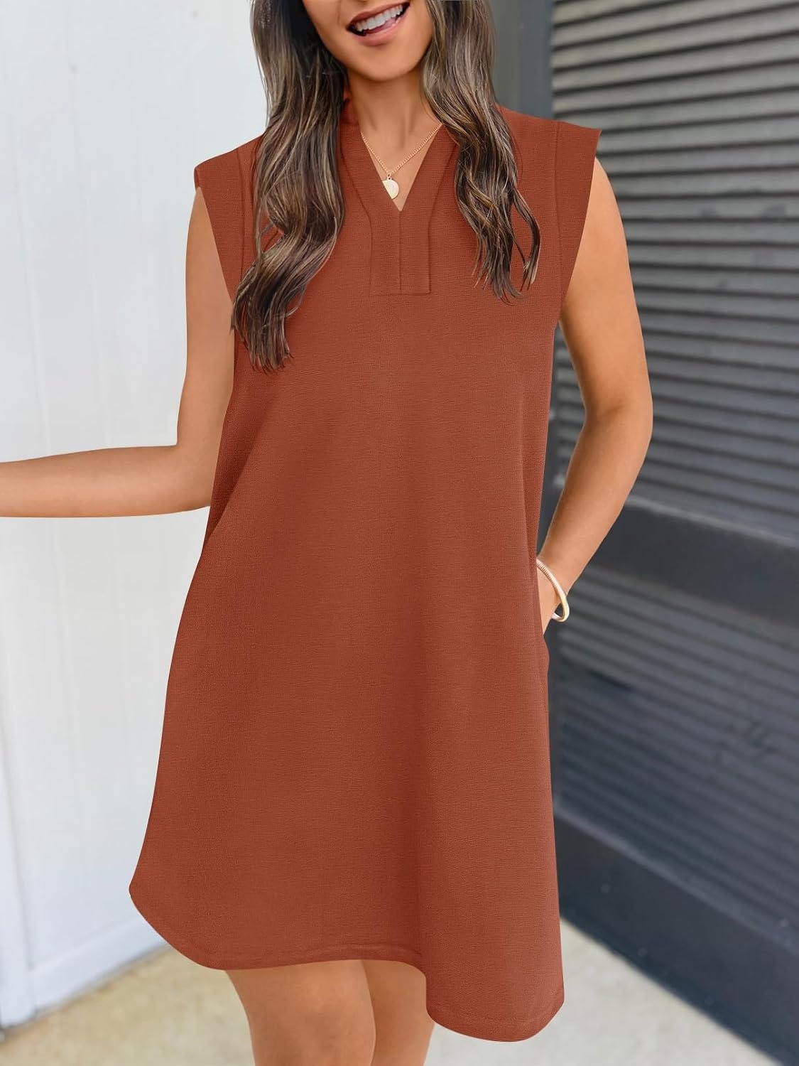 image:imageMEROKEETY Womens Summer Casual V Neck Collared Loose T Shirt Mini DressRust