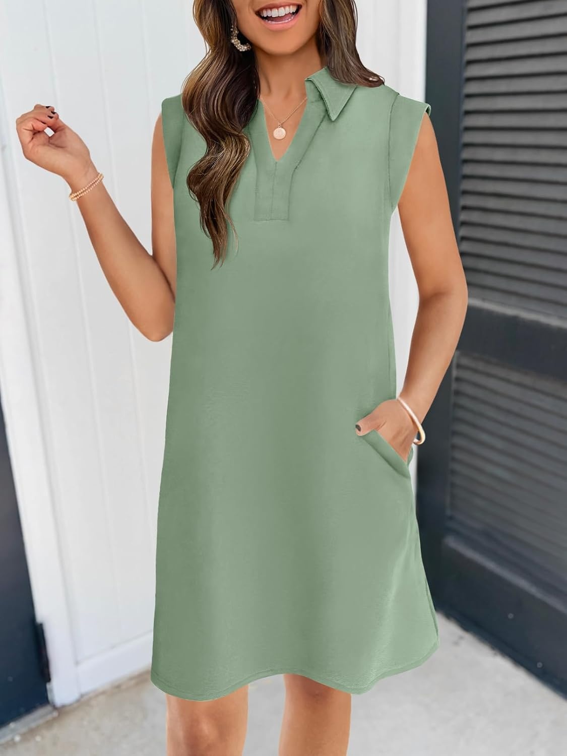 image:imageMEROKEETY Womens Summer Casual V Neck Collared Loose T Shirt Mini DressSage