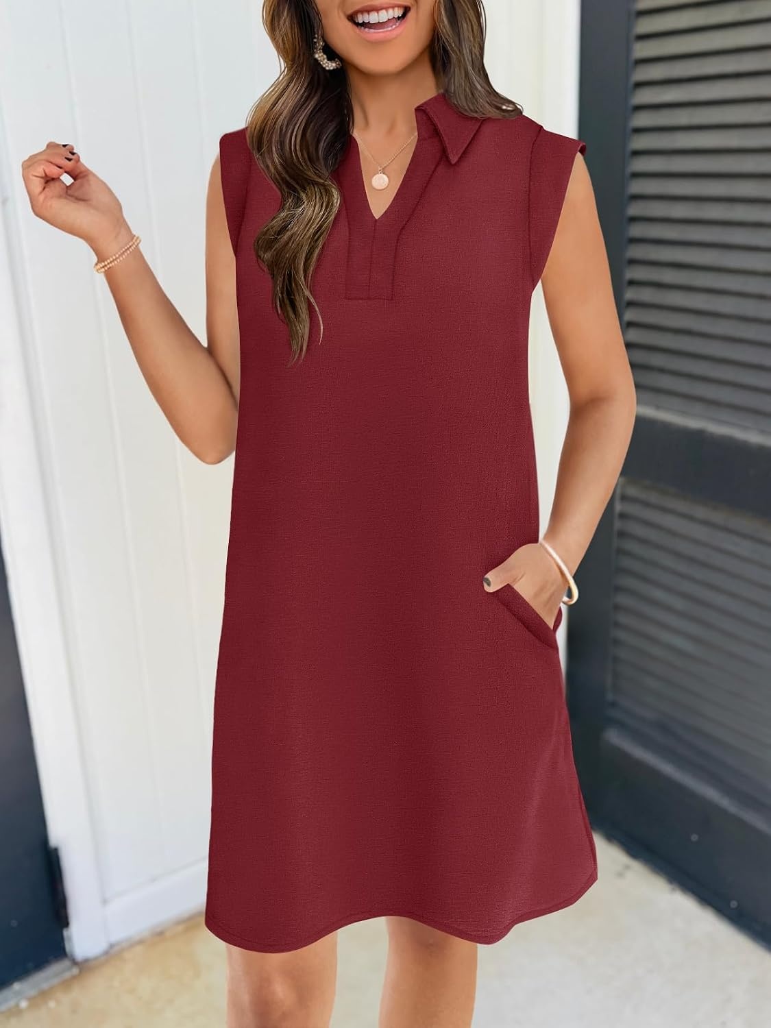 image:imageMEROKEETY Womens Summer Casual V Neck Collared Loose T Shirt Mini DressWine