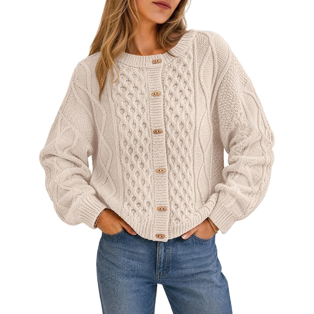 image:imageMEROKEETY Womens Chunky Button Up Cable Knit Trendy Cardigan SweatersApricot