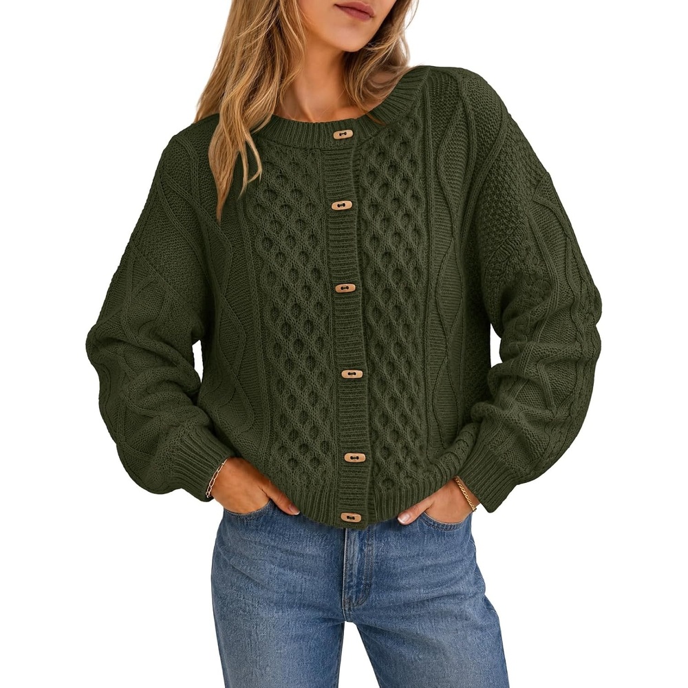 image:imageMEROKEETY Womens Chunky Button Up Cable Knit Trendy Cardigan SweatersArmy
