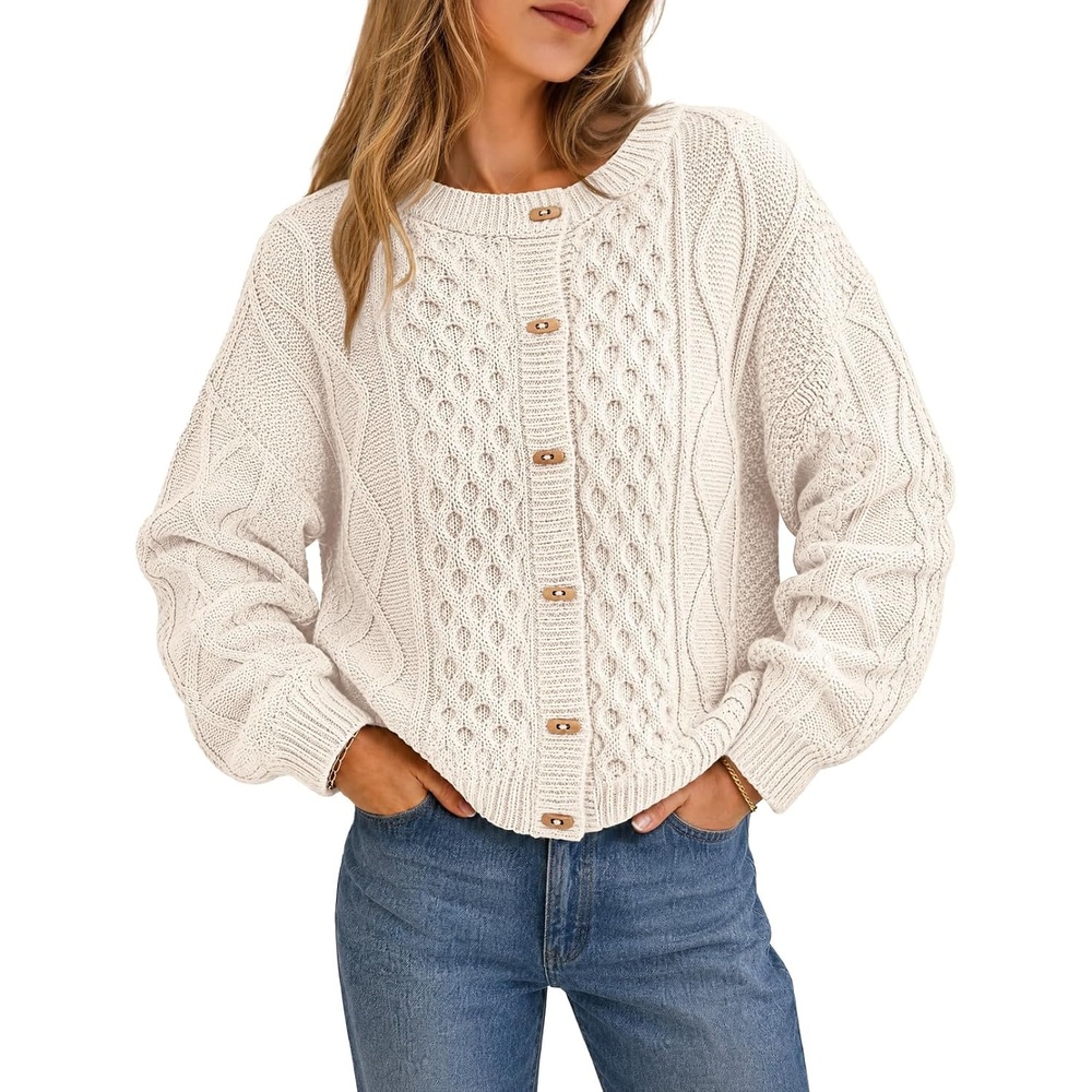 image:imageMEROKEETY Womens Chunky Button Up Cable Knit Trendy Cardigan SweatersBeige