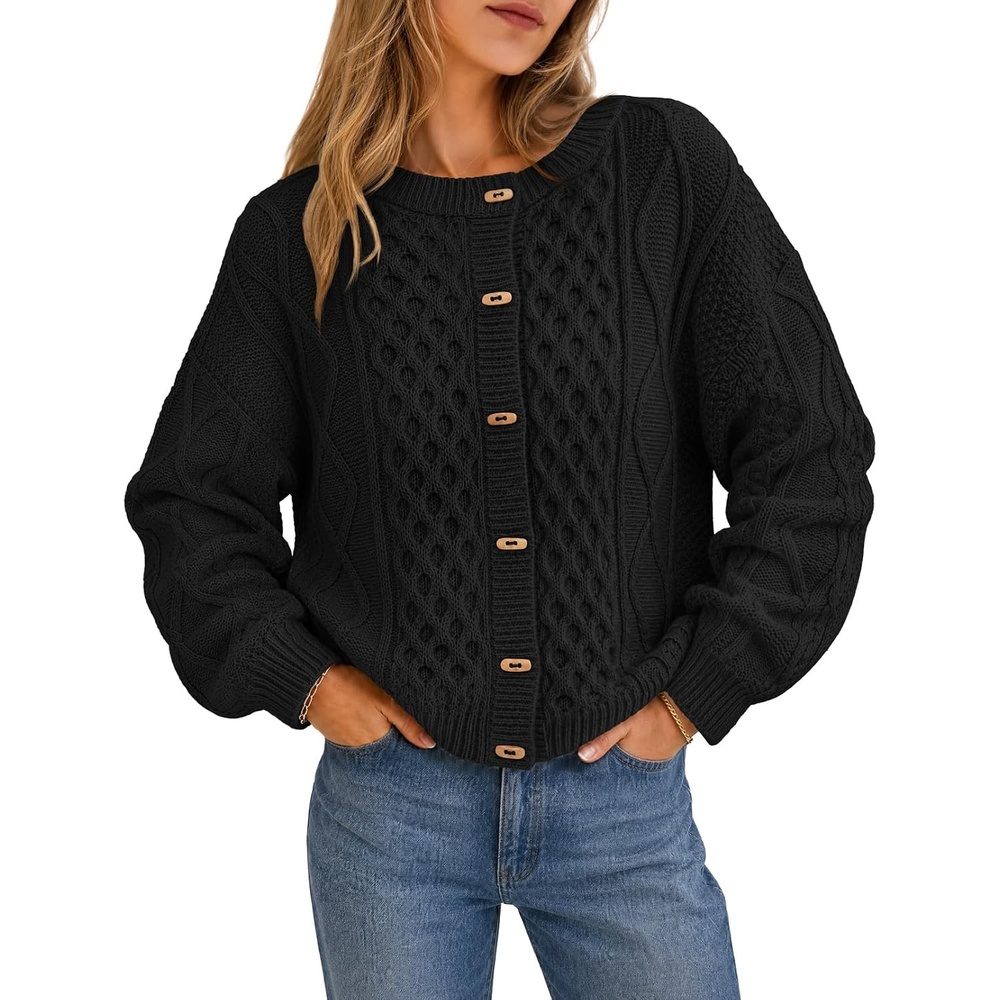 image:imageMEROKEETY Womens Chunky Button Up Cable Knit Trendy Cardigan SweatersBlack