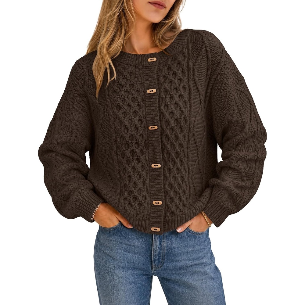 image:imageMEROKEETY Womens Chunky Button Up Cable Knit Trendy Cardigan SweatersCoffee