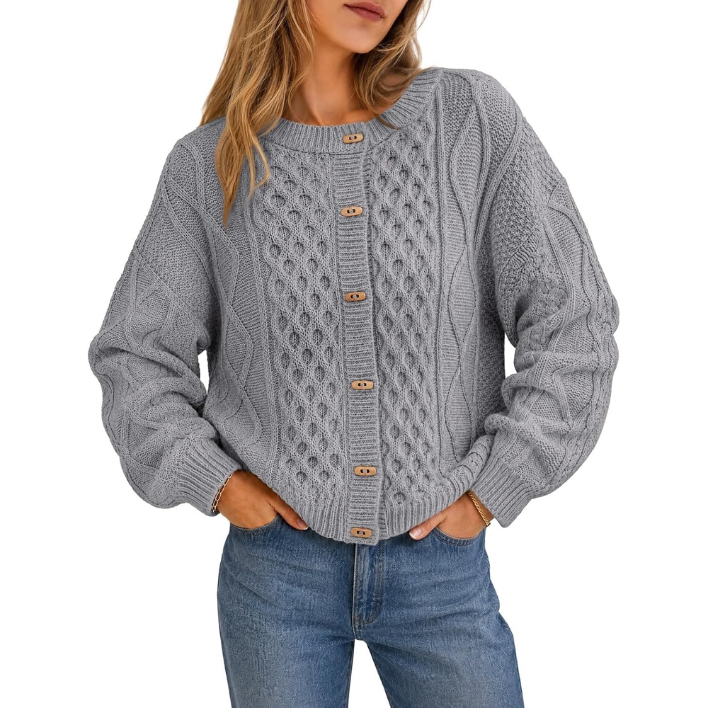 image:imageMEROKEETY Womens Chunky Button Up Cable Knit Trendy Cardigan SweatersGrey