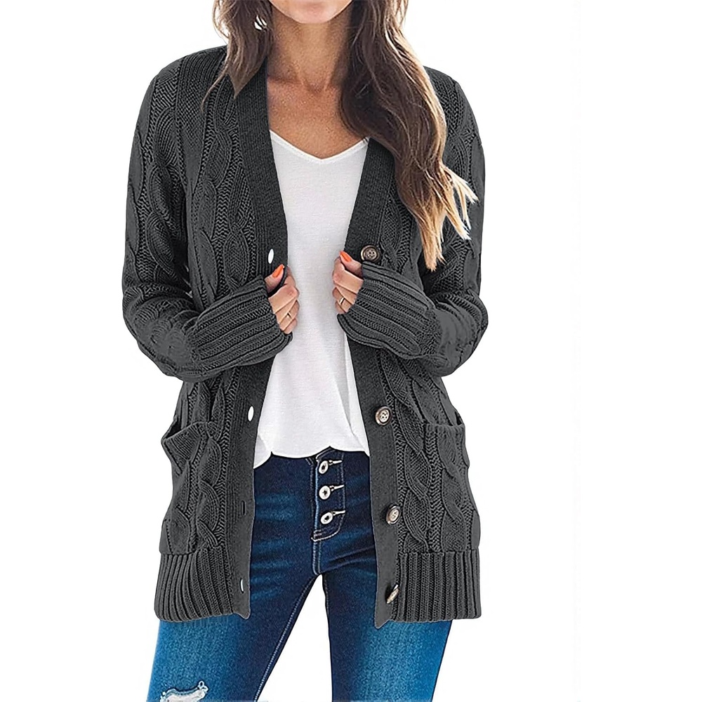 image:imageMEROKEETY Womens Fall 2026 Long Sleeve Cable Knit Cardigan SweatersDark Grey