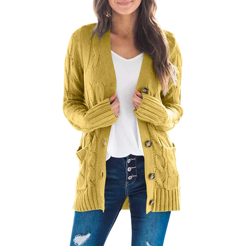 image:imageMEROKEETY Womens Fall 2026 Long Sleeve Cable Knit Cardigan SweatersMustard