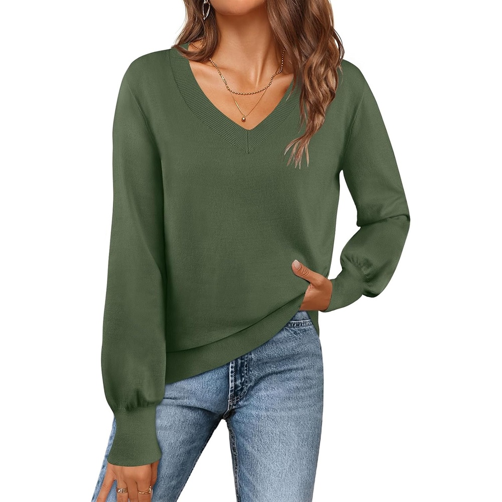 image:imageMEROKEETY Womens Fall Long Sleeve V Neck Sweaters Lightweight Knit TopsArmy Green