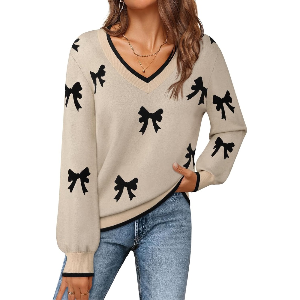 image:imageMEROKEETY Womens Fall Long Sleeve V Neck Sweaters Lightweight Knit TopsBow Apricot