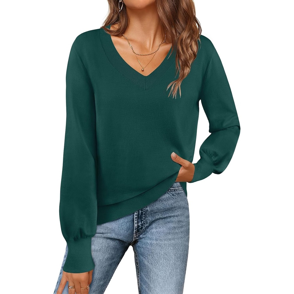 image:imageMEROKEETY Womens Fall Long Sleeve V Neck Sweaters Lightweight Knit TopsGreen